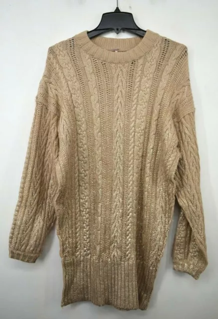 Free People Women Gold Long Sleeve Crew Neck Metallic Knitted Tunic Sweater XS