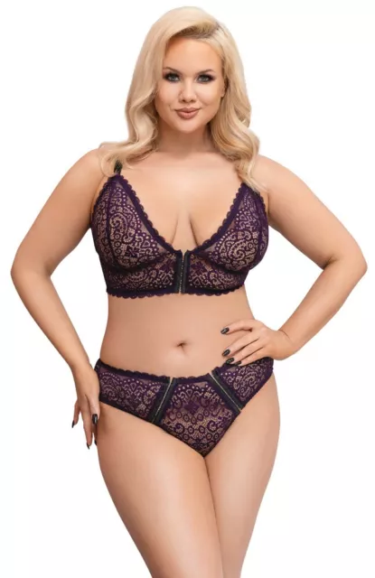 Completino Intimo in Pizzo Viola Sexy Lingerie Curvy Reggiseno e Slip tg Forti