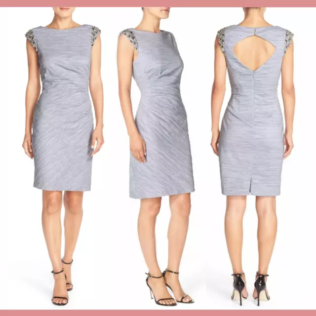 NEW $168 Eliza J Embellished Taffeta Sheath Dress in Silver/Grey [SZ 12 ] #N696