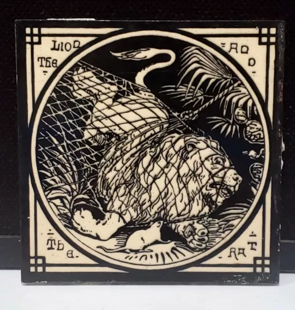 Antique Mintons Art Tile Co AESOPS FABLE Art Pottery Lion and the Rat 6x6