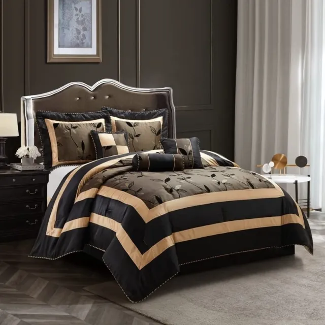 Silky Black Brown Floral 7 pcs Cal King Queen Comforter set or Curtain