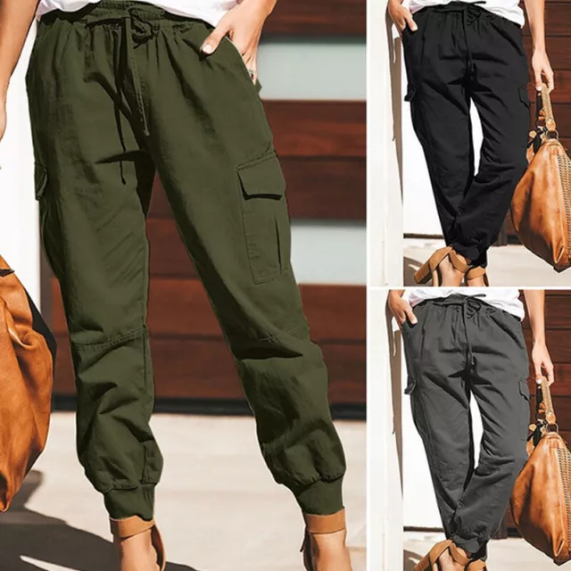 Women Ladies Combat Cargo Trousers Stretch Elasticated Waist Jogger Cargo Pant &