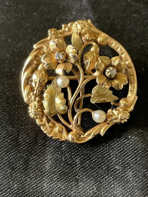Broche Fleur Ancienne XXL Des Années 50 - Vermeil Et Argent, Strass Blancs, Hauteur 10.2 Cm, Occasion, Style Floral