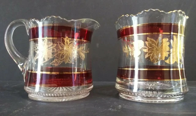 Ruby Glass Matching Sugar & Creamer Set Red EAPG Antique Gold Trim Flower 4"
