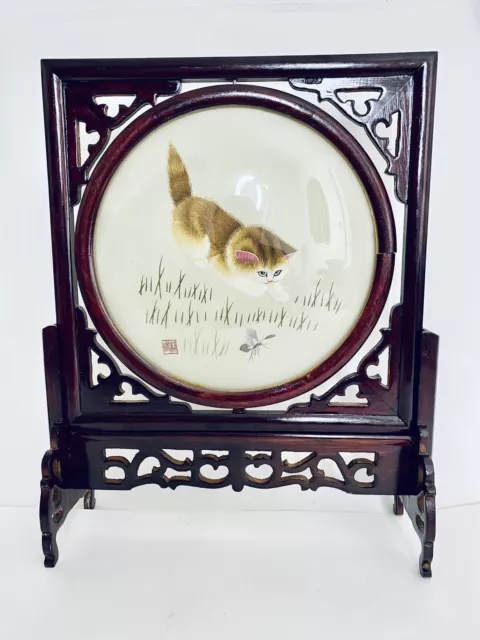 Vintage Asian Silk Embroidery Playing Cat In Oval Convex Frame W Stand Boxed 16”