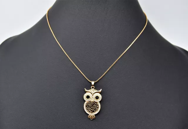 CC676 - Collier Pendentif Chouette Hibou Ajouré Métal Doré Contour Strass 2