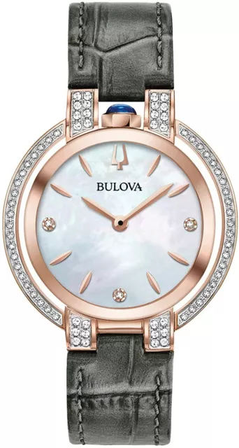 Bulova Ladies Rubaiyat Diamond Accent White Dial Leather Strap Watch 35MM 98R268