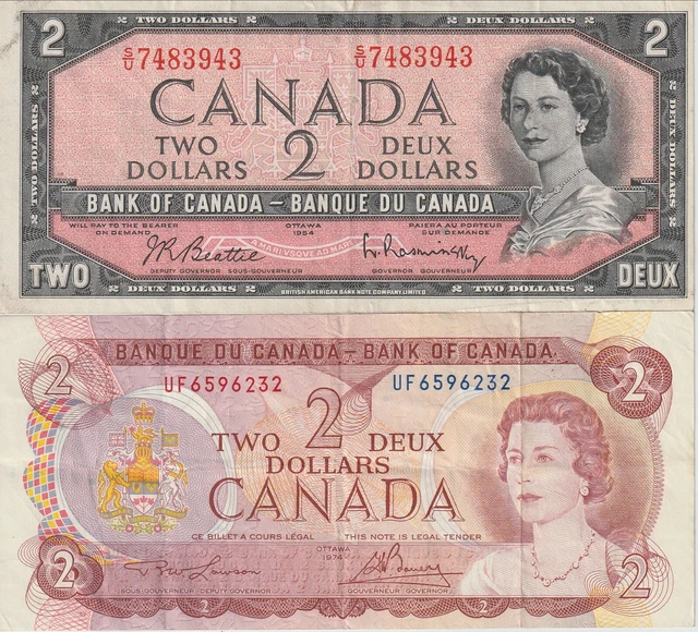 Canada Lot 2  2 Dollars Banknotes 1954 & 1974 Both Very Fine Conditions