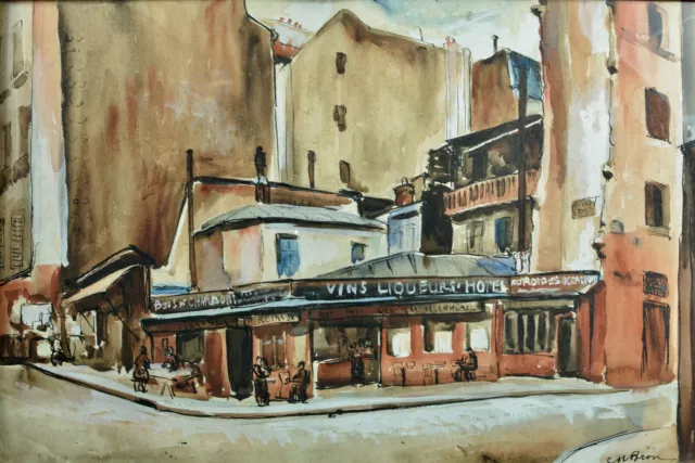 Beau Tableau ancien Rue Mouffetard Paris 5e Animée Art Deco Cesar Bron Vlaminck