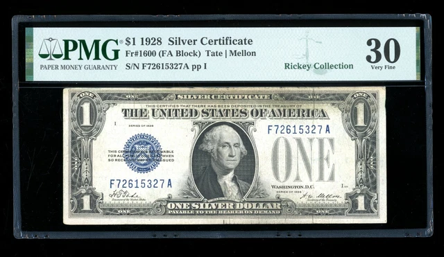 DBR 1928 $1 Silver Fr. 1600 FA Block PMG 30 Serial F72615327A
