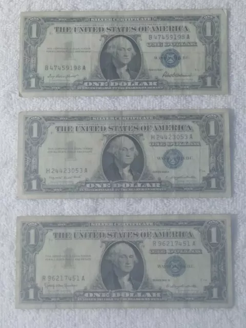 #0047 Series 1957,1957A,1957B One Dollar Silver Certificate Blue Seal 3 Bills
