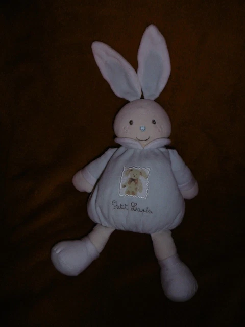 Doudou Nounours Peluche Lapin Bleu Beige "Petit Lapin" 31 cm