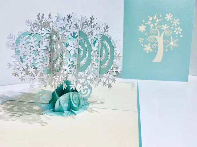 Origami Pop Cards Snowflake Tree White & Blue 3D Pop Up Greeting Card Christmas 2