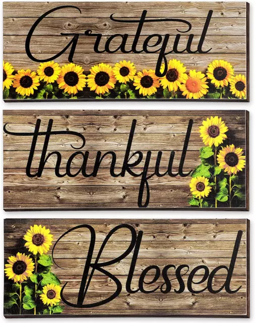 3 Pieces Sunflower Wall Decor Grateful Thankful Blessed Wall Art Signs Wooden Ha