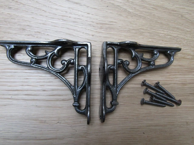 4" PAIR OF ANTIQUE IRON cast Victorian scroll ornate shelf support wall brackets