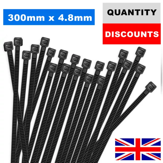 300Mm X 4.8Mm Cable Ties Nylon Plastic Strong Heavy Duty Black Zip Tie Wrap Uk
