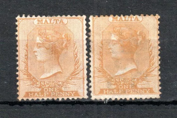 Malta 1875 1/2d yellow-buff Queen Victoria x 2 shades SG 10 MH
