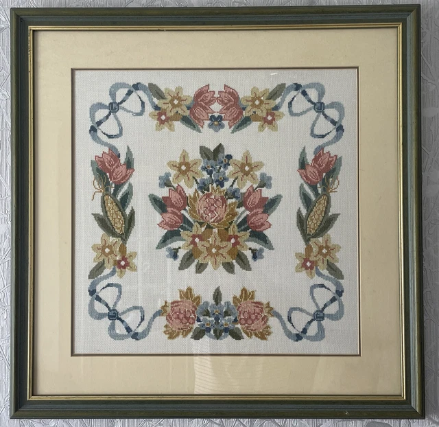 Beautiful  Floral Cross Stitch Wreath Completed Framed
