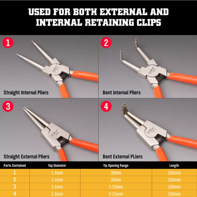 Portable 7" Internal External Retaining Clips Snap Ring Circlip Pliers 4pcs Set 3