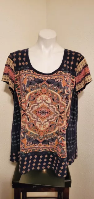 Lucky Brand T-Shirt Women Size 2XL Multi-Print Scoop Neck Short Sleeve Boho