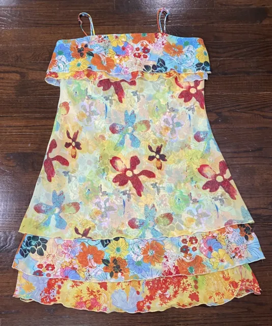 THALIA SODI Retro Floral Print Layered Ruffle Sun Dress Women's Size L Boho Y2K