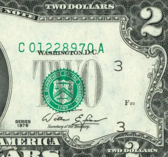 (ERROR - MISALIGNED) $2 1976 ((CU)) Federal Reserve Note (2nd of 2 consecutive)