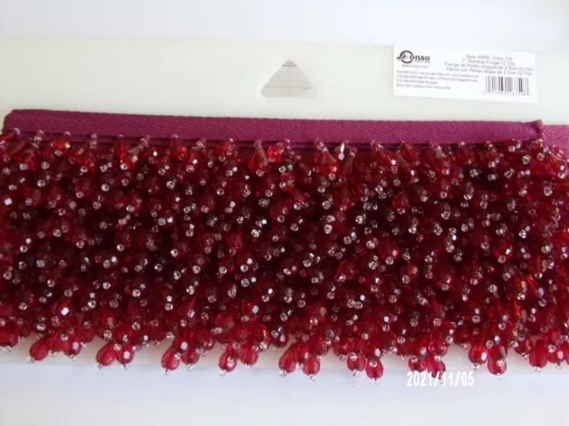 Conso 1" Crystal Teardrop Fringe Trim Ruby Cranberry Beaded Sold BTY