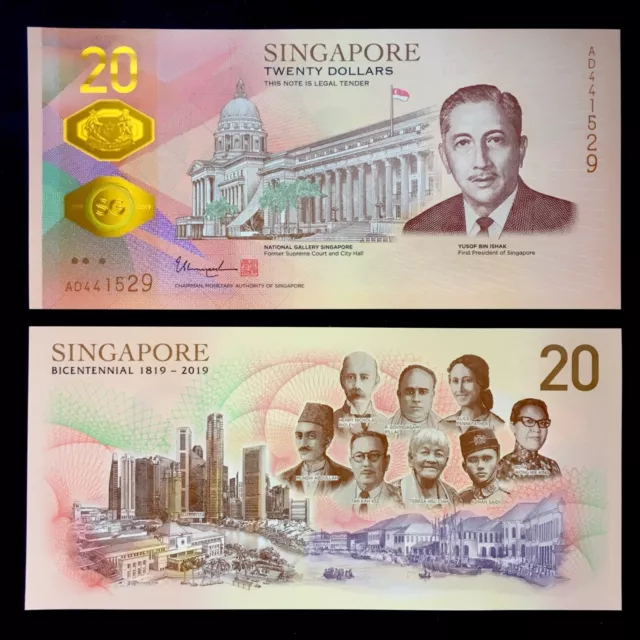 2019 Singapore 20 Dollars Polymer P-63 Unc+ + + +Bicentennial Comm No Folder Nr