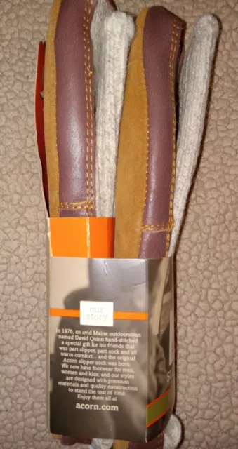 Acorn Slipper Socks Men's Size 12-13 Gray Ragg Wool Brown Leather Soles NEW 3