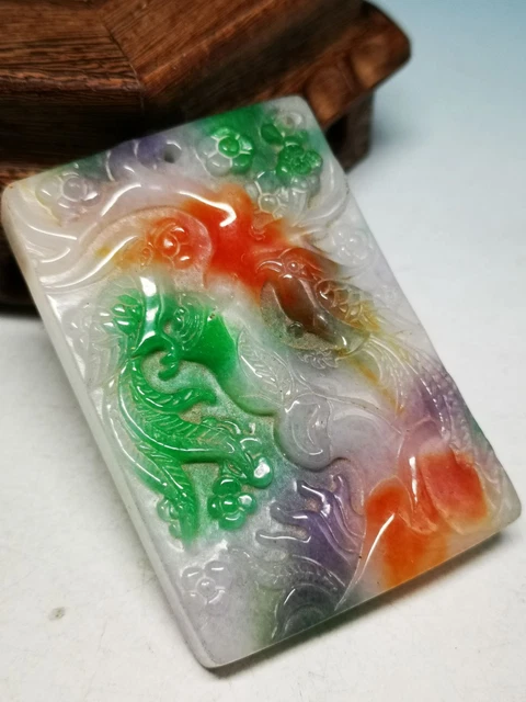 HIGH-GRADE A Jadeite Jade Burma Polished Bas-relief Gu W Phoenix Statue B04