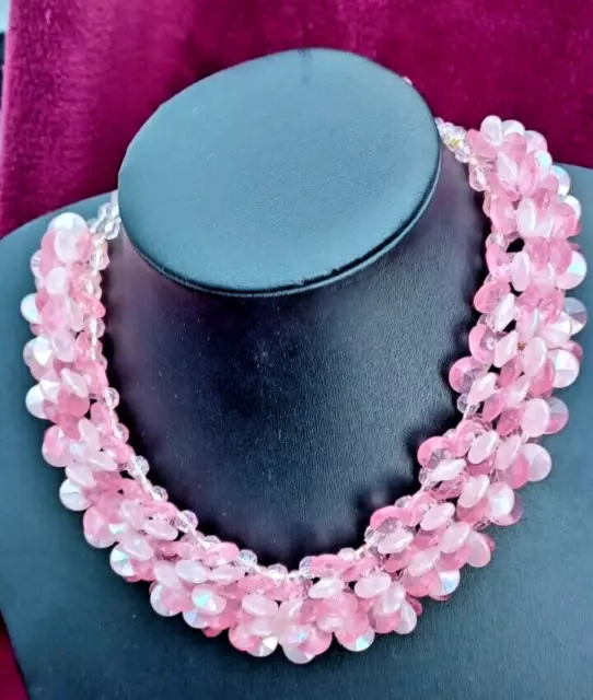 Vintage Pink  Beaded Necklace Collar Stamped Hong Kong Chunky STATEMENT