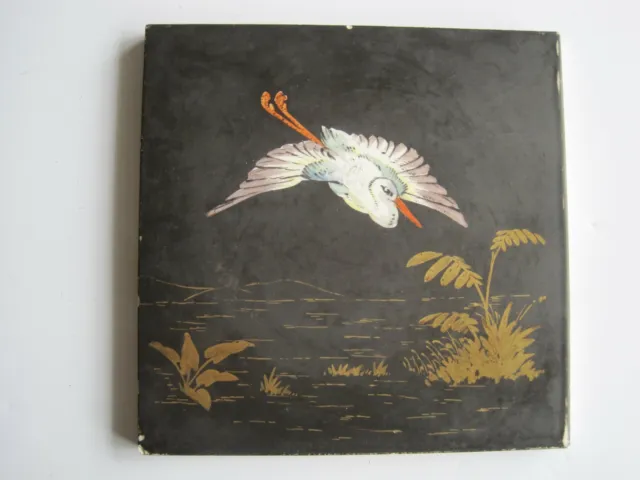 Antique Matt Black/Gilt Tile - Japanesque Crane - Sherwin & Cotton C1880 #2