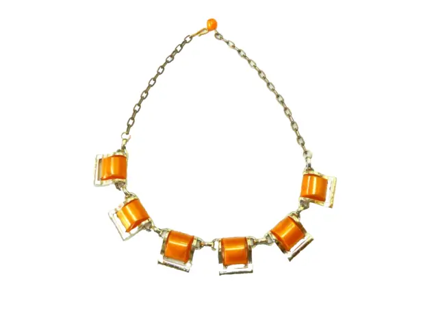 VTG costume jewelry necklace amber gold tones on chain 16 in
