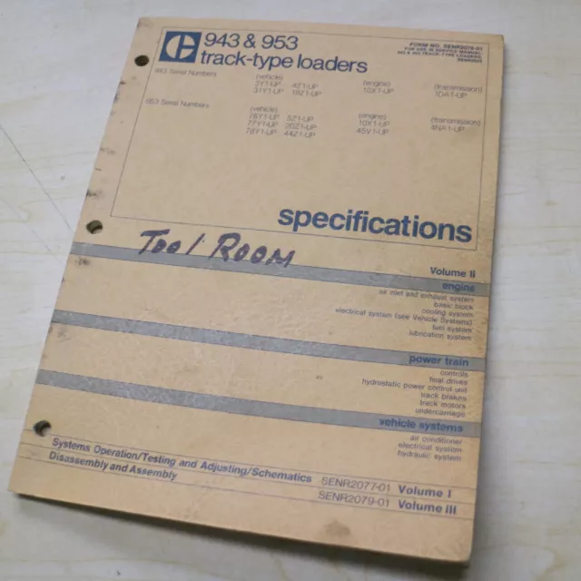CAT 943 953 Track Loader Repair Shop Service Specifications Manual book crawler