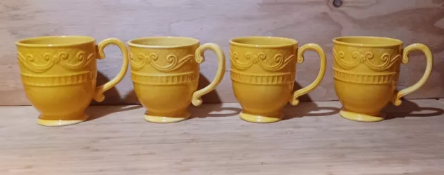 Fitz & Floyd Ricamo Gold Ceramic Footed Coffee Mugs Embossed Scrolls Set Of 4