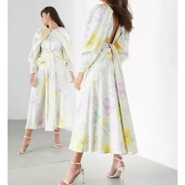 NEW ASOS Edition Satin Drape Floral Long Sleeve Midi Dress Size 6