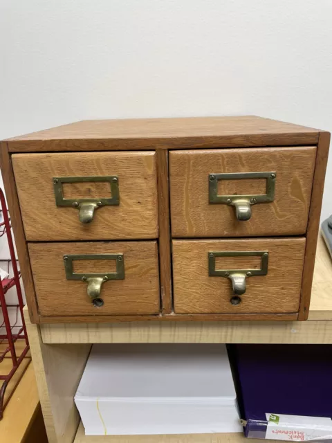 Vintage 4 Drawer Oak Wood Library Card Catalog File Box Brass Handles Great Cond