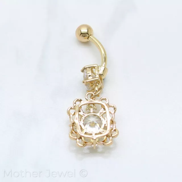 14K Yellow Gold Triple Plated Filigree Square Floral Dangle Cz Belly Navel Ring 3