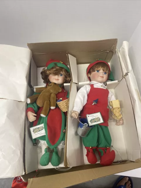 Christmas Elf Porcelain Santas Little Helpers Doll Set Etc 14”.  NWT Heritage