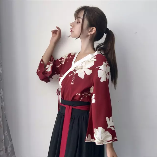 Retro Japanese Style Vintage Haori Kawaii Girls Foral Kimono Dress Asian  Skirts