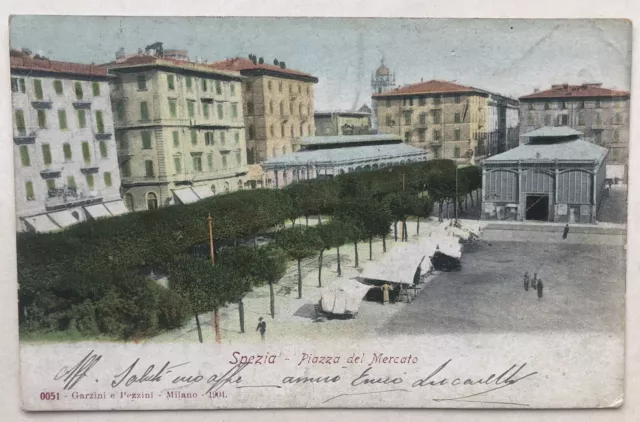 Cartolina Spezia piazza del mercato animata Liguria paesaggistica T3