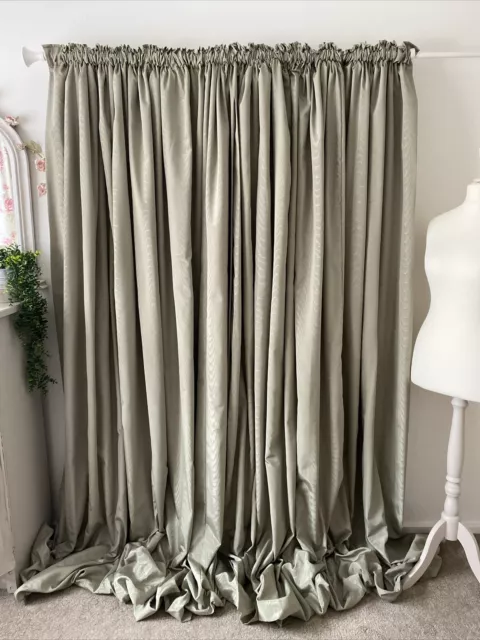 Handmade Soft Green Moire Silk Satin Pair Full Length Wide Curtains W94” 88L”