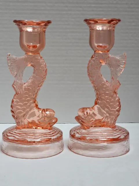 Vintage Tiffin Pink Depression Glass Dolphin Koi Fish Candlestick Holders 7 3/4"
