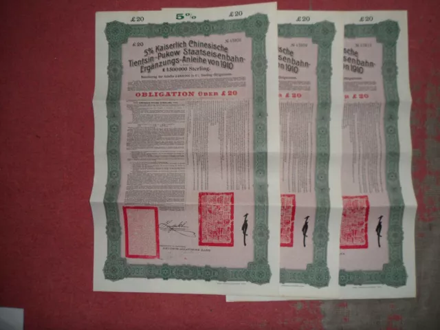 3 X China: 5% Tientsin-Pukow Railway 1910 £20 bonds,German Issue in sequence No 3 X China: 5% Tientsin-Pukow Railway 1910 £20 bonds,German Issue in sequence No