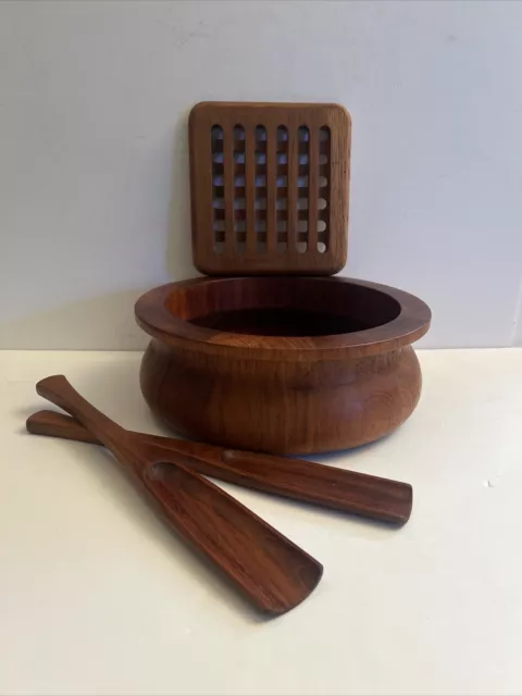 Mid-century Danish Modern Dansk IHQ Denmark Staved Teak Salad Bowl w/Servers