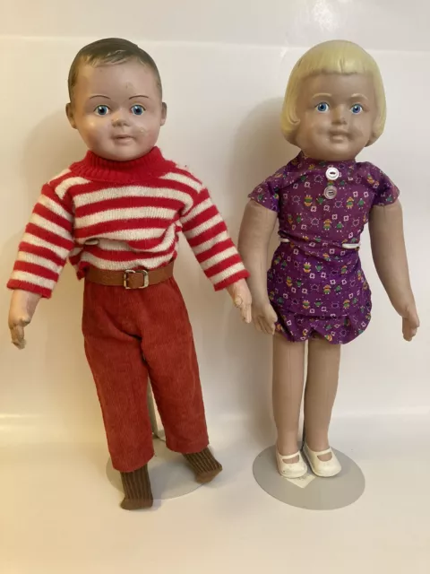 2 1940s Martha Chase rubber oil cloth dolls Boy Girl Pair