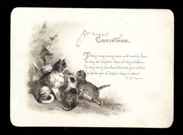 K15 - Mother Cat Brings A Fish To Her Hungry Kittens - Victorian Xmas Card