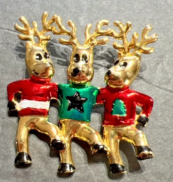 Vintage Three Jolly Gold Christmas Reindeers Wearing Sweaters Enamel Brooch Pin