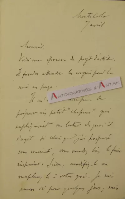 L.A.S Gabriel HANOTAUX Monte Carlo - historien Académicien né Beaurevoir lettre