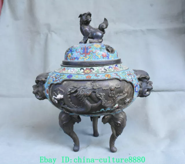 Old cloisonnement émail cuivre violet Dragon Fudge lion encens poêle censer